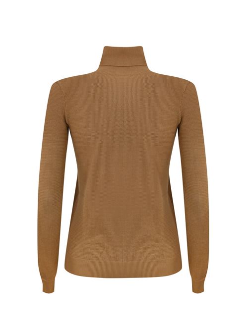 Dolcevita in maglia di viscosa punto rete cammello con intarsio logo Elisabetta Franchi | MK82Q46E2032